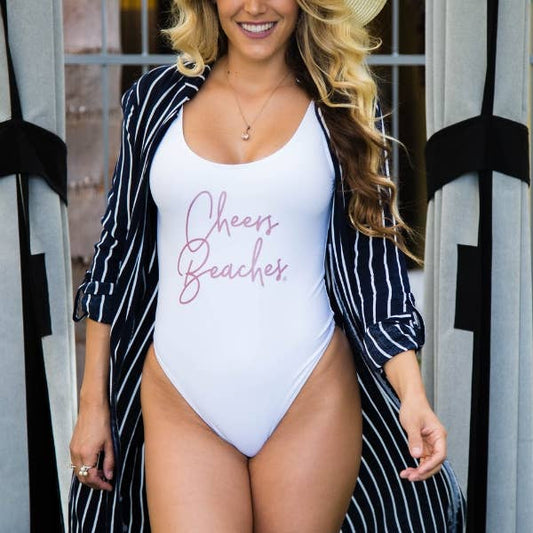 Cheers Beaches White One Piece Rose Gold Script Bathing Suit