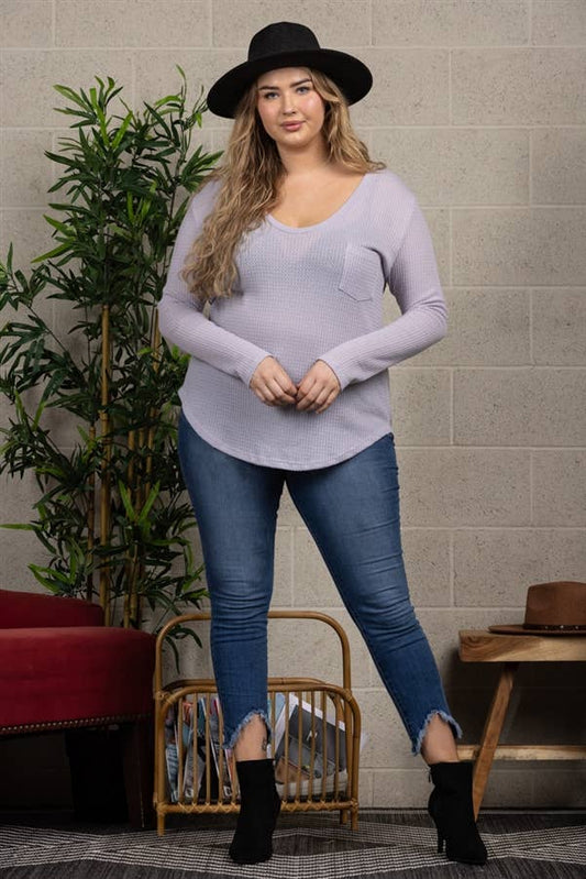 HEATHER LILAC WAFFLE THERMAL KNIT PLUS SIZE TOP