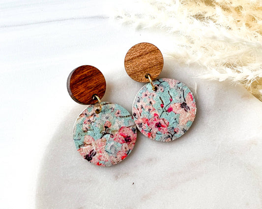 Teal and Pink Floral Leather and Wood Circle Earrings
