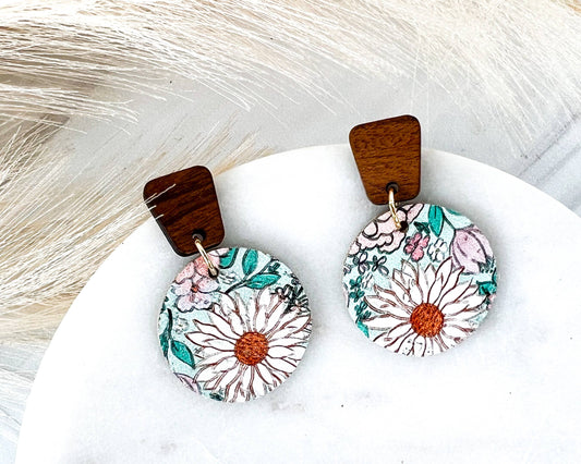 Green and Pink Boho Daisy Leather/Wood Circle Earrings