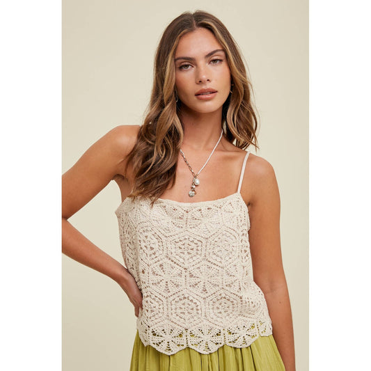 CROCHET CAMI WITH SCALLOP HEM DETAIL