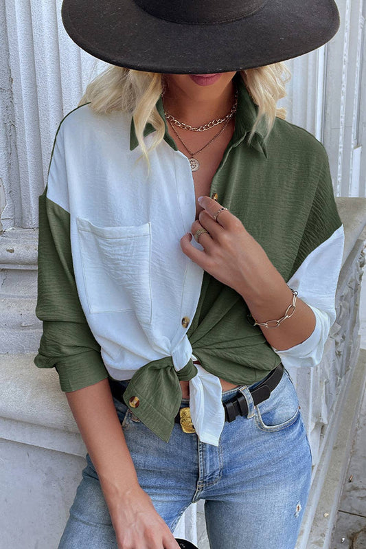 Army Green  Color Block Shirts Casual Button Down Shirt Tops