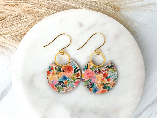 Watercolor Spring Floral Crescent Leather Earrings