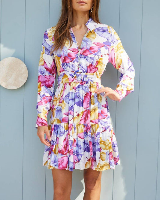 Summer Print Button-Up Tunic Long-Sleeved Dress
