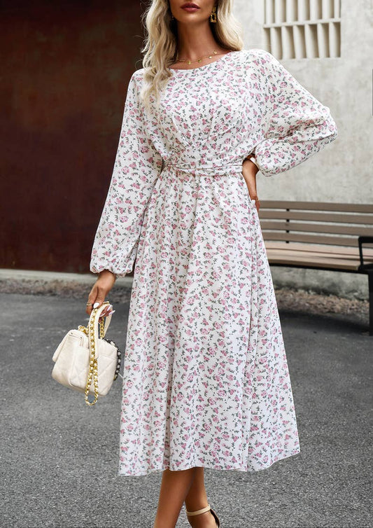 Pleated Long-Sleeved Crewneck Floral Maxi Dress