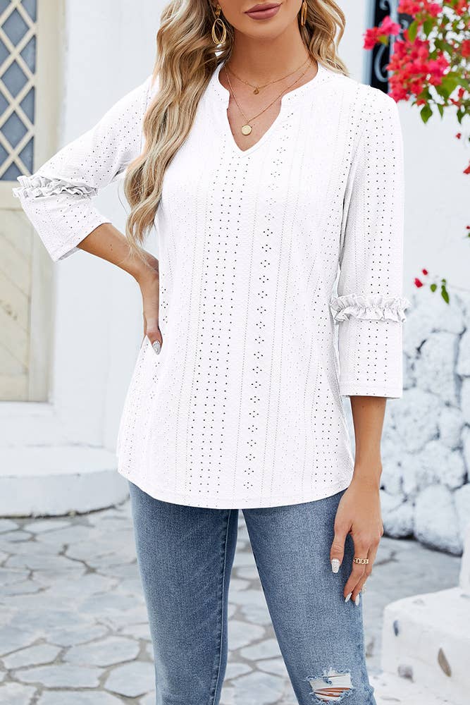 Plain Eyelet Pattern V Neck Ruffles Sleeves Top