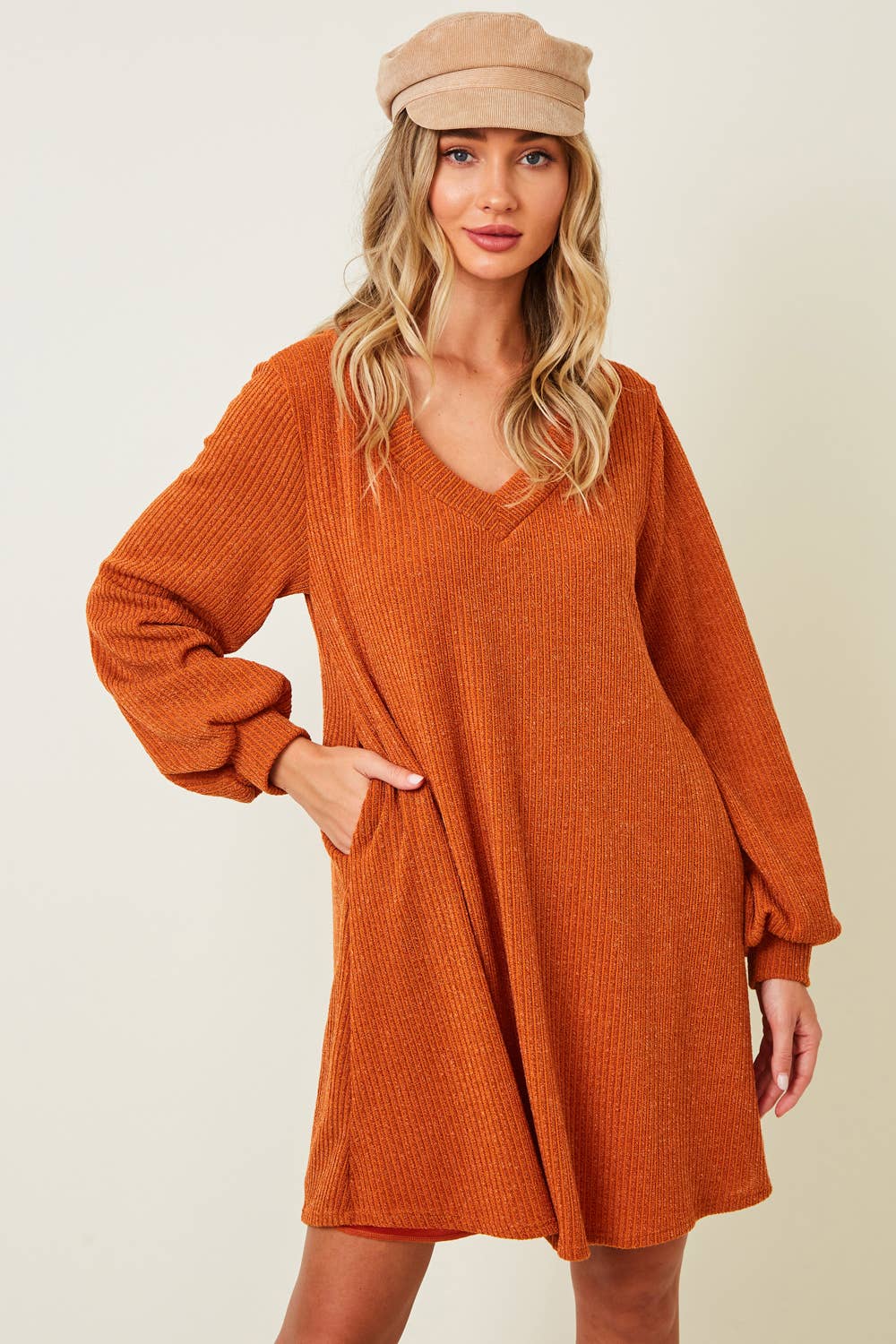 SD2109A RUST V-NECK RIB SWEATER DRESS - FALL TREND - SALE