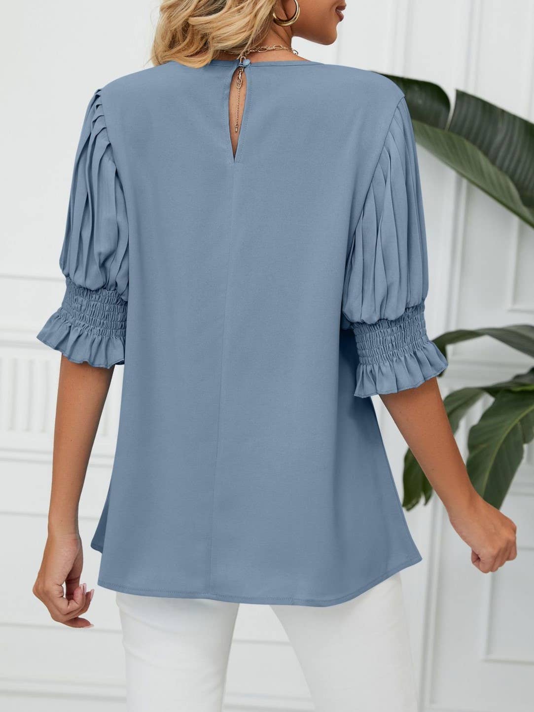 Crewneck Ruffled Sleeves Loose Chiffon T-Shirt Top