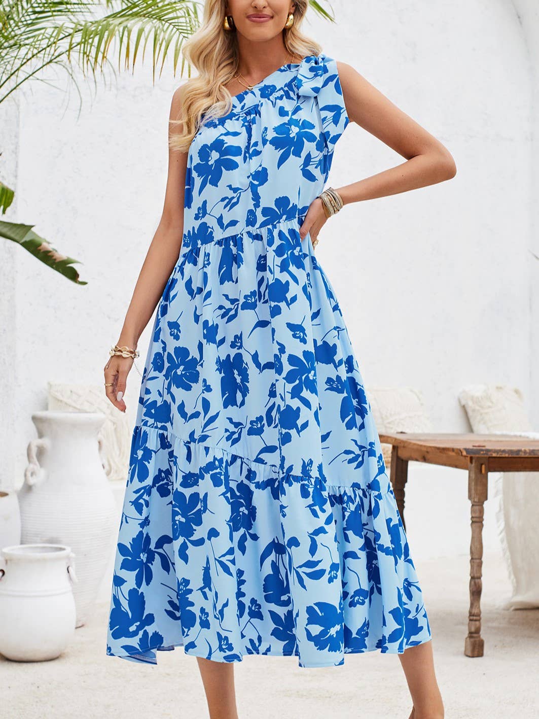 Fresh Off-The-Shoulder Tie Print Cinched Waist Dress