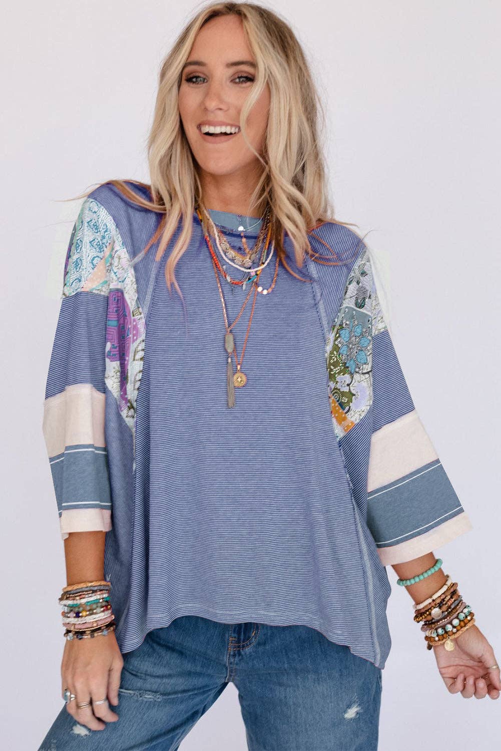 Sky Blue Pinstriped Color Block Patchwork Oversized Top