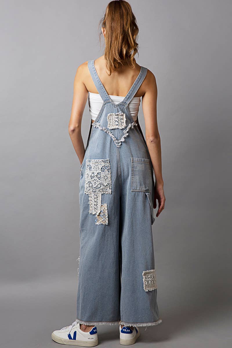 Crochet patchwork detail casual denim overalls