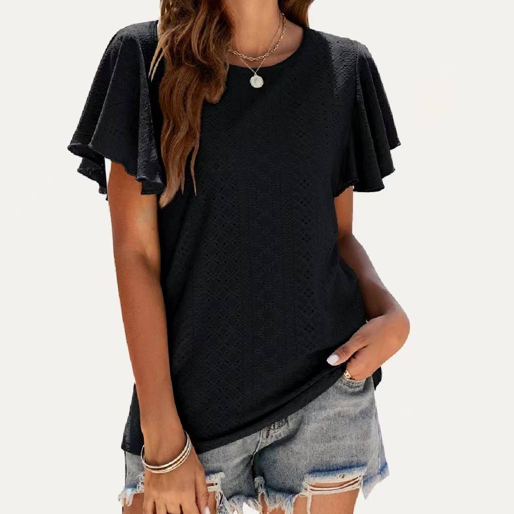 Pierced Eyelet Flutter Short Sleeve Top