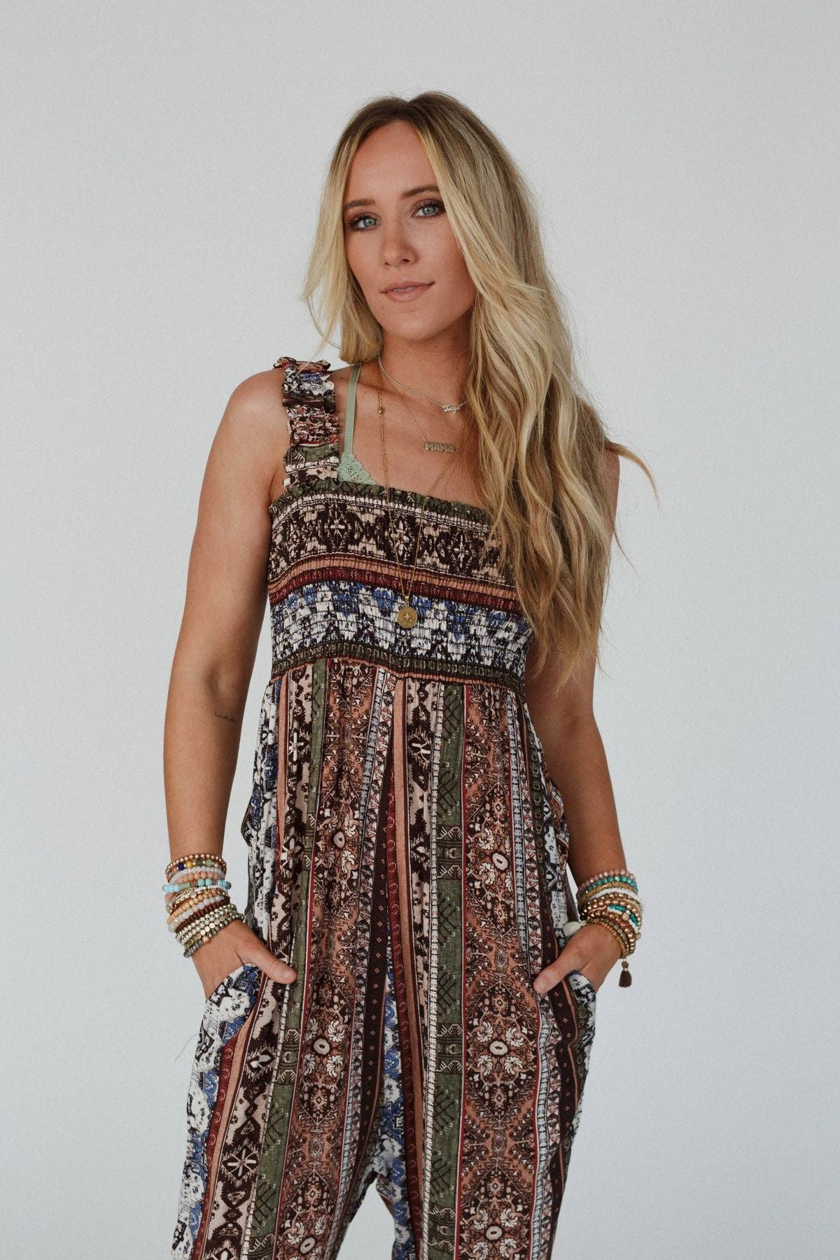 Willow Smocked Harem Jumpsuit - Brown Multi