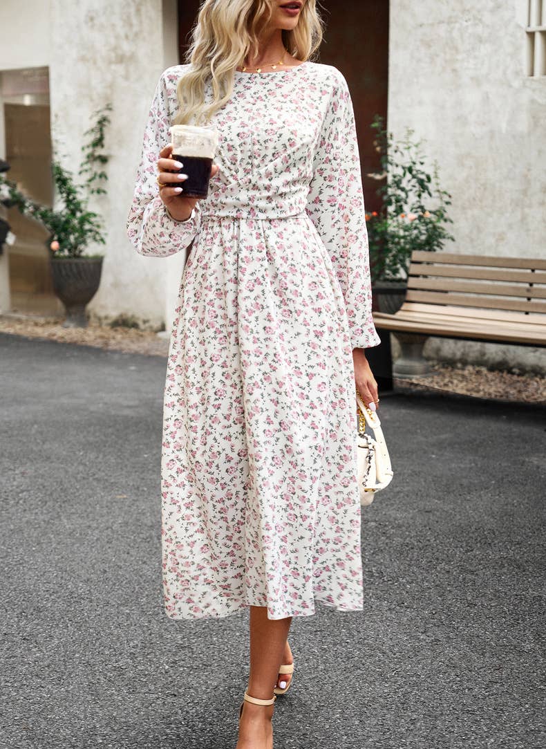 Pleated Long-Sleeved Crewneck Floral Maxi Dress