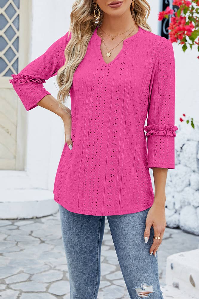 Plain Eyelet Pattern V Neck Ruffles Sleeves Top