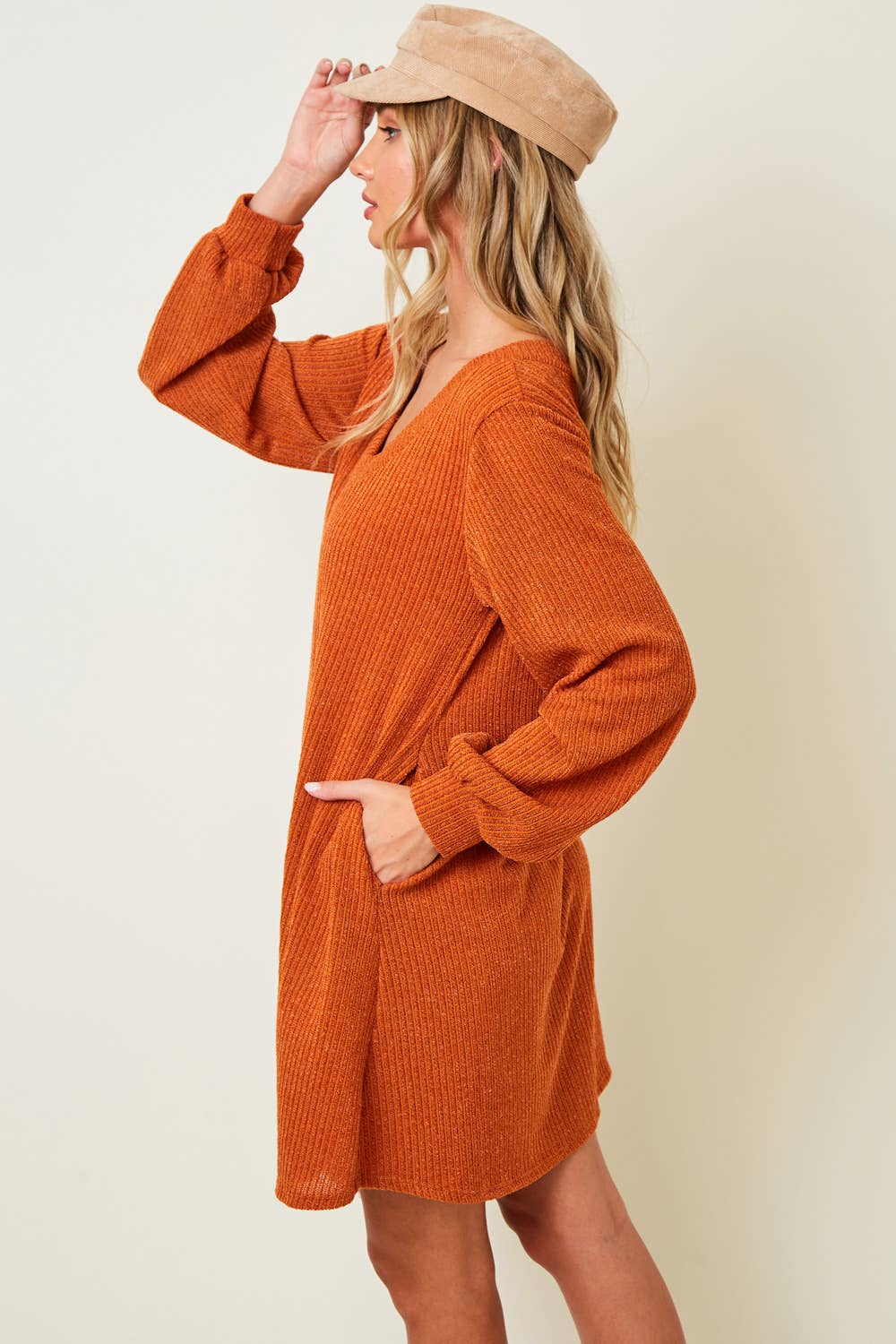 SD2109A RUST V-NECK RIB SWEATER DRESS - FALL TREND - SALE