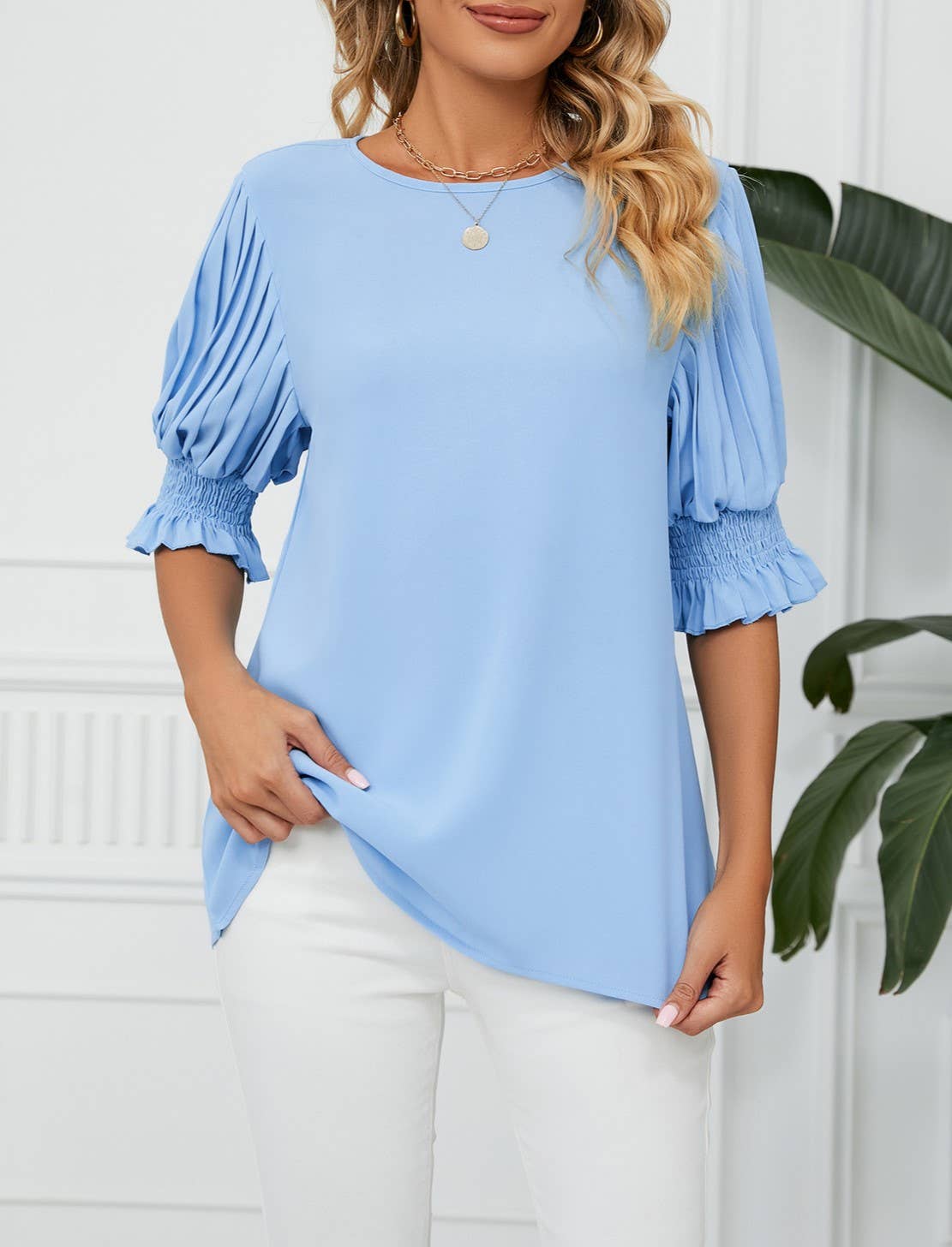 Crewneck Ruffled Sleeves Loose Chiffon T-Shirt Top