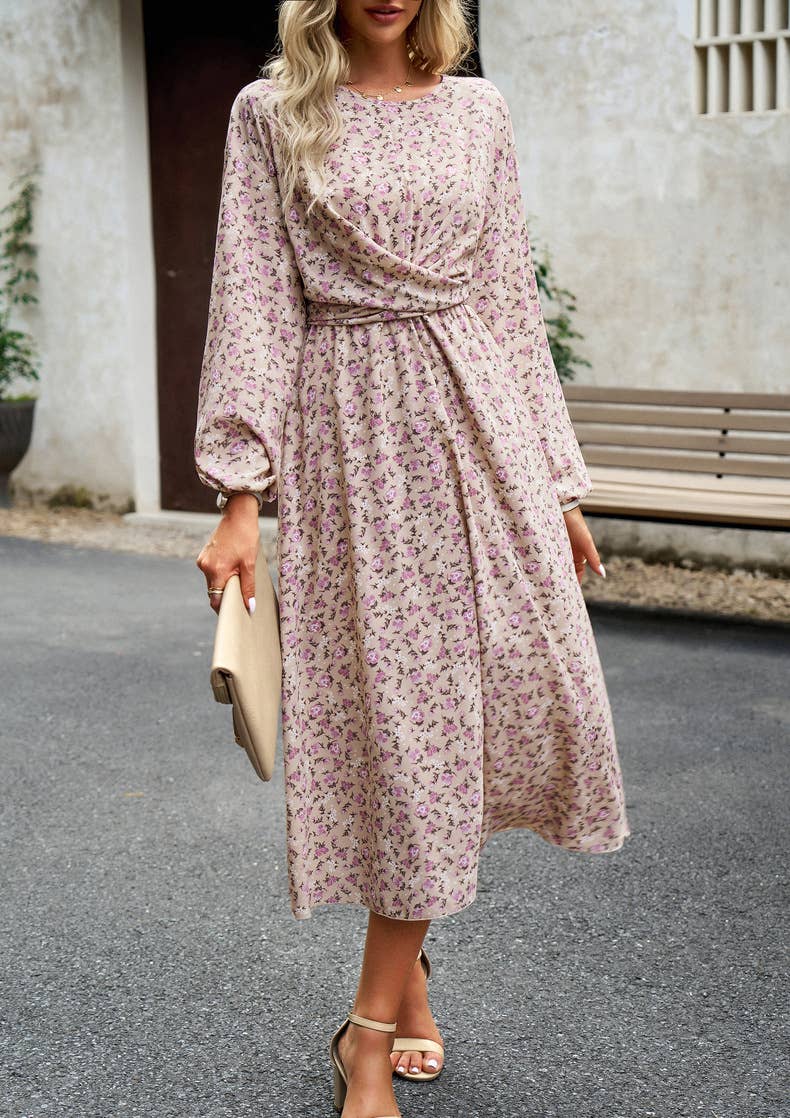 Pleated Long-Sleeved Crewneck Floral Maxi Dress