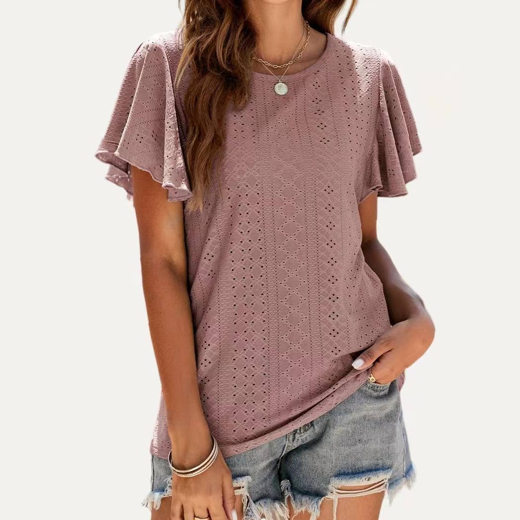 Pierced Eyelet Flutter Short Sleeve Top