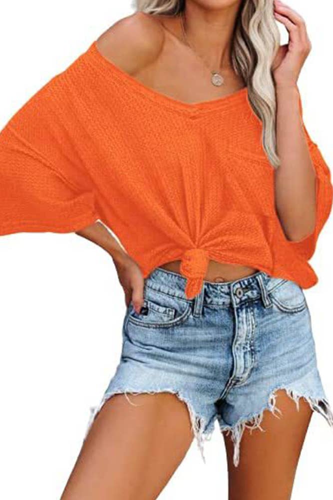 Plain Waffle Knit V Neck Pocket Oversize Top