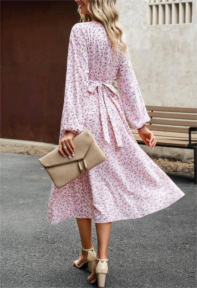 Pleated Long-Sleeved Crewneck Floral Maxi Dress