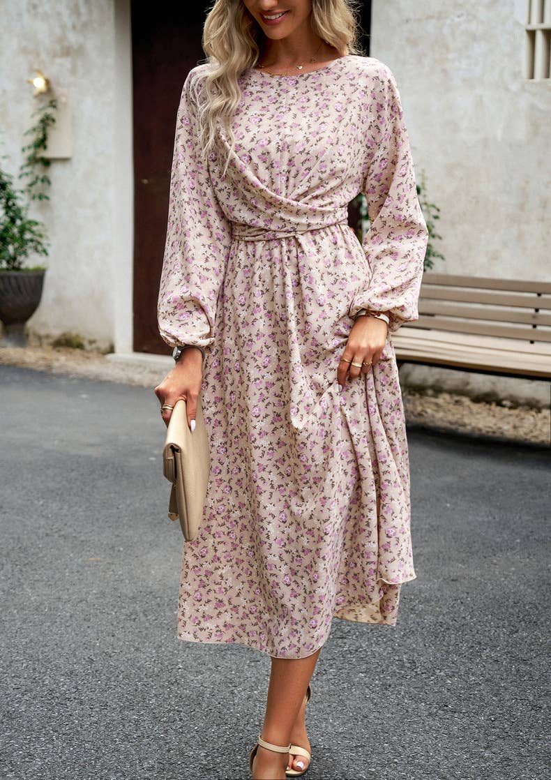 Pleated Long-Sleeved Crewneck Floral Maxi Dress