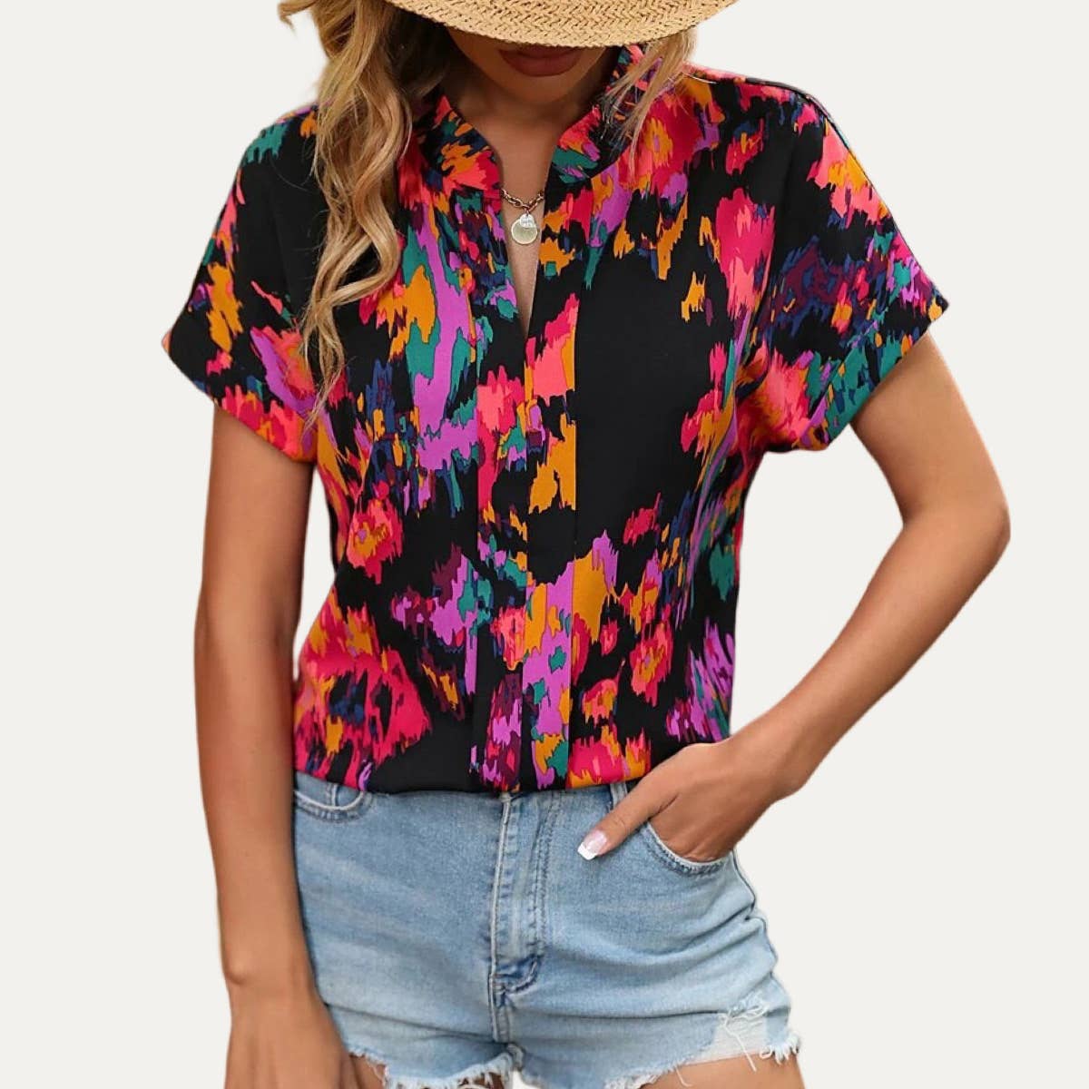 Always Trendy Multi-Color Printed V-Neck Short Sleeve Top