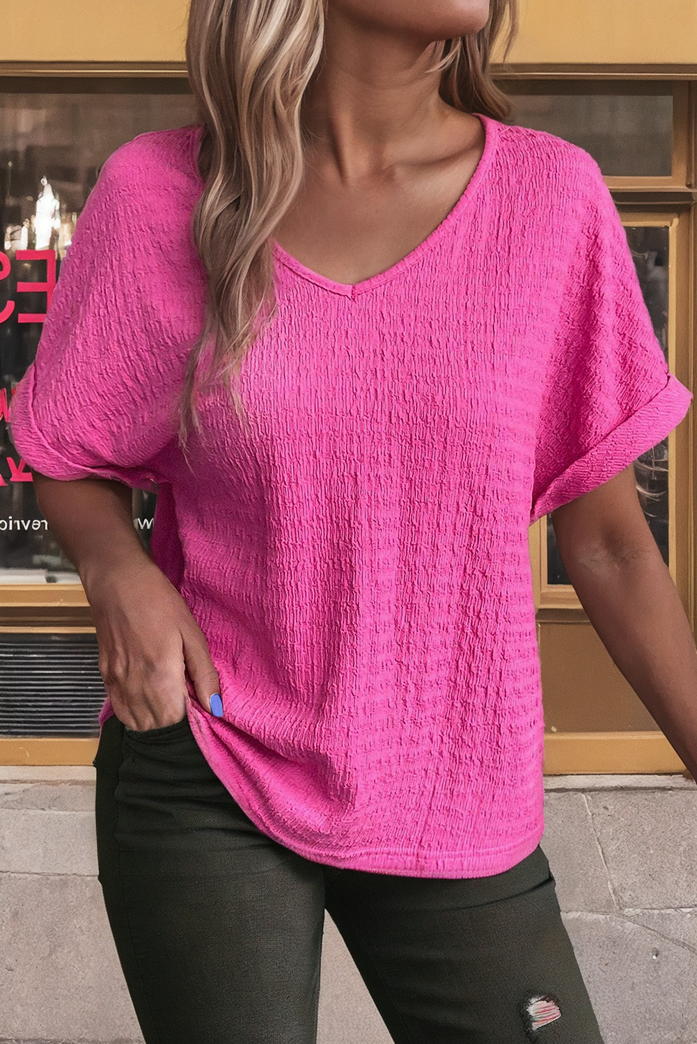 Pink Textured Rolled Short Sleeve V Neck Blouse