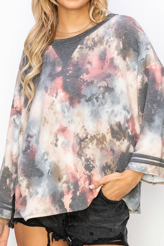 TIE DYE 3/4 BELL SLEEVE BOAT NECK TOP