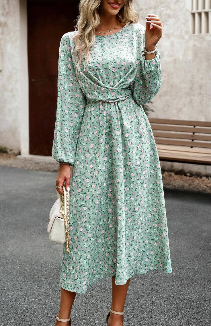 Pleated Long-Sleeved Crewneck Floral Maxi Dress