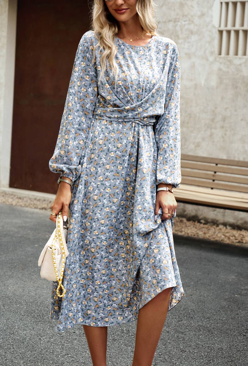 Pleated Long-Sleeved Crewneck Floral Maxi Dress