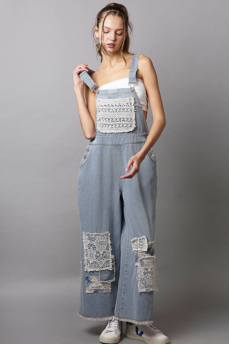 Crochet patchwork detail casual denim overalls