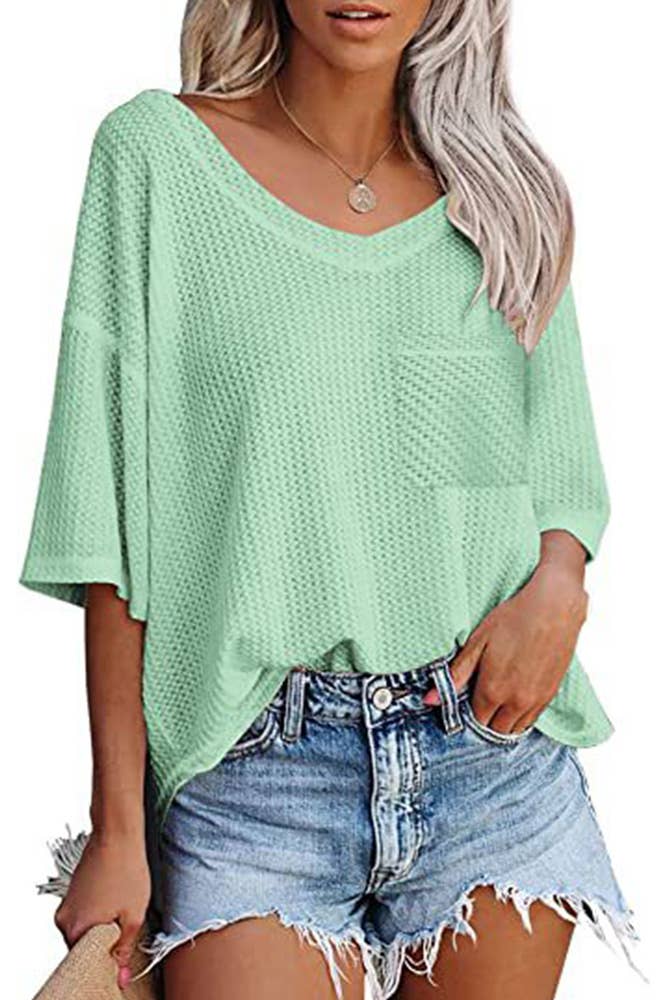 Plain Waffle Knit V Neck Pocket Oversize Top