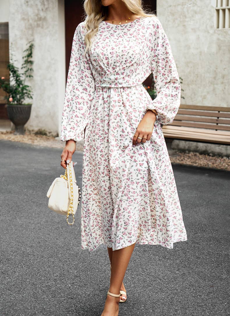 Pleated Long-Sleeved Crewneck Floral Maxi Dress