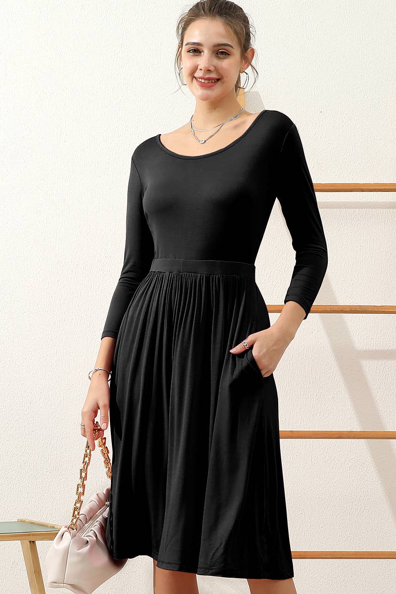 Scoop neck A Line Waist Banded Swing Midi Dress