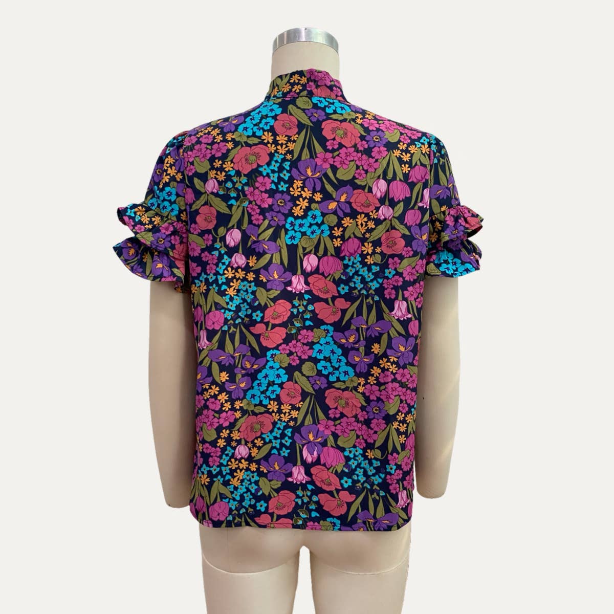 Lively Multicolor Floral Print Tying-Neck Short Sleeve Top