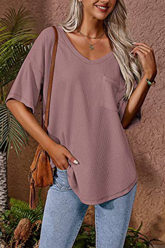 Plain Waffle Knit V Neck Pocket Oversize Top