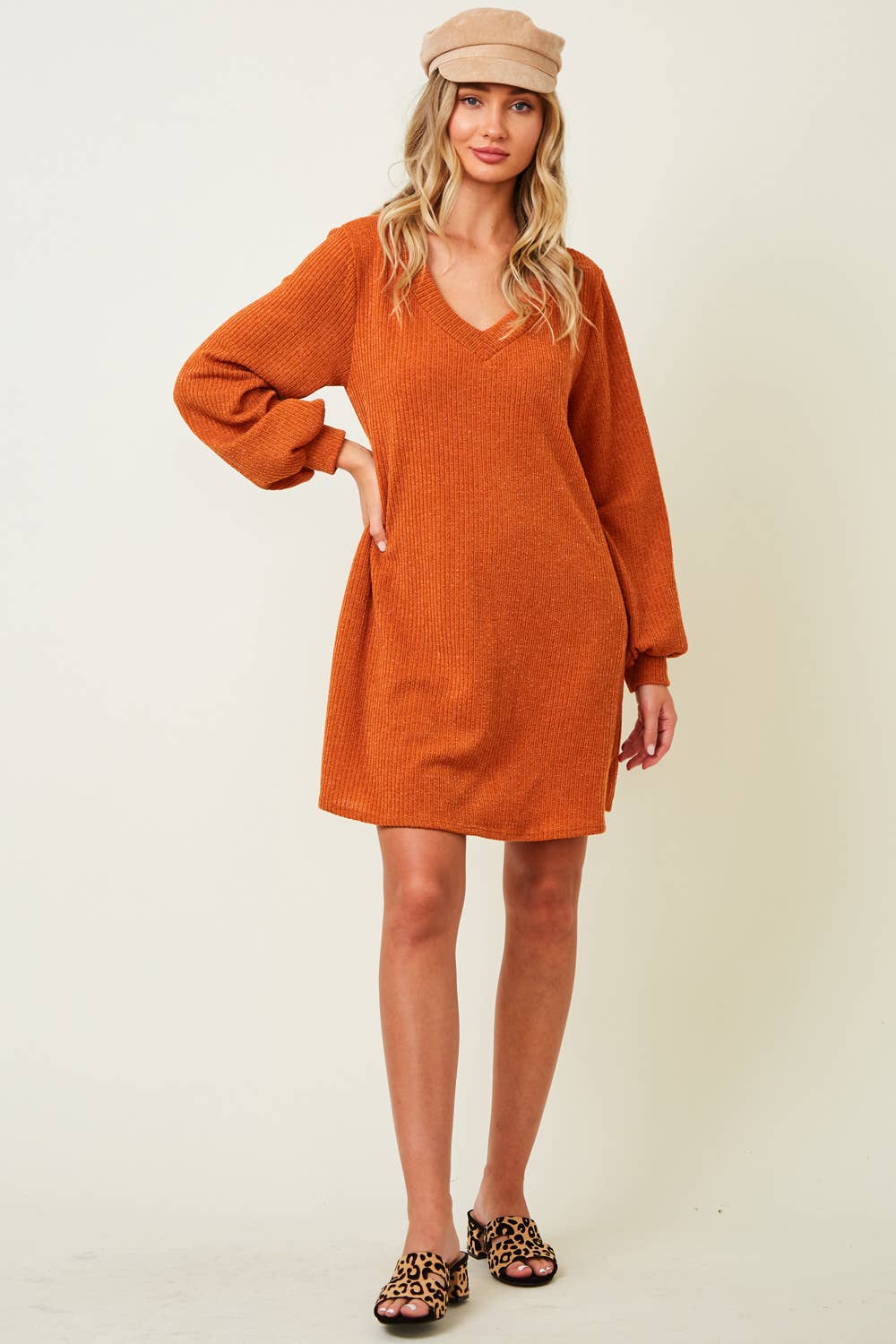 SD2109A RUST V-NECK RIB SWEATER DRESS - FALL TREND - SALE