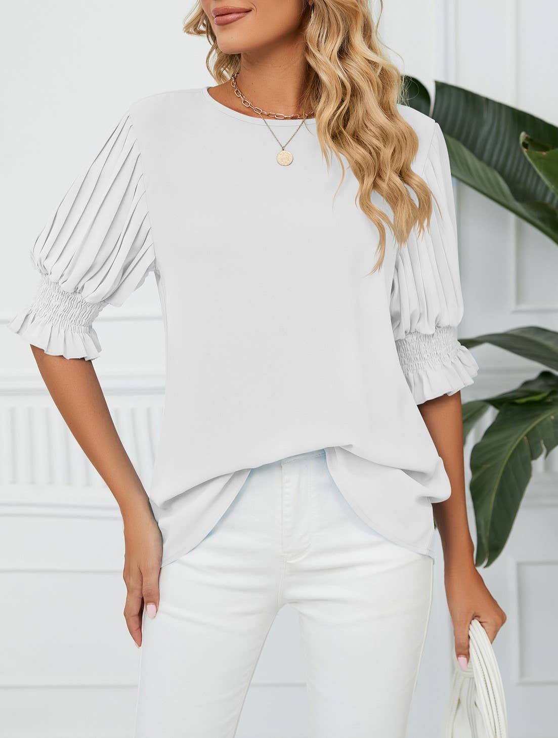 Crewneck Ruffled Sleeves Loose Chiffon T-Shirt Top