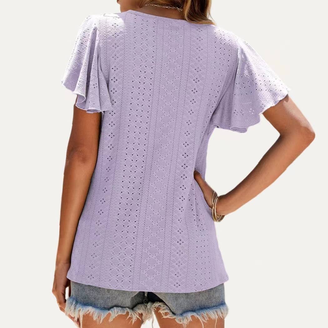 Pierced Eyelet Flutter Short Sleeve Top