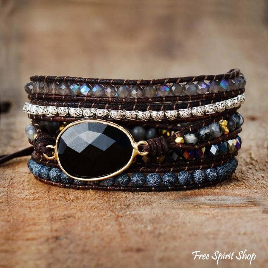 Natural Black Onyx Beaded Wrap Bracelet