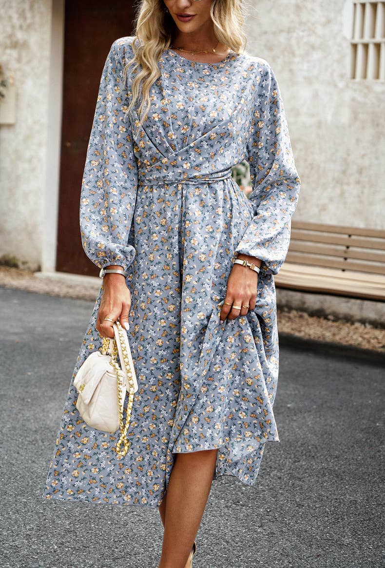 Pleated Long-Sleeved Crewneck Floral Maxi Dress