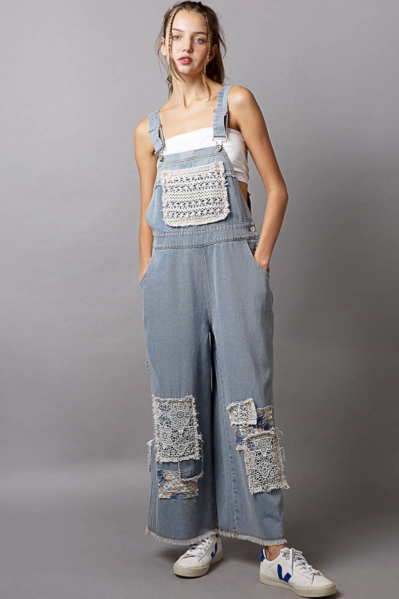 Crochet patchwork detail casual denim overalls