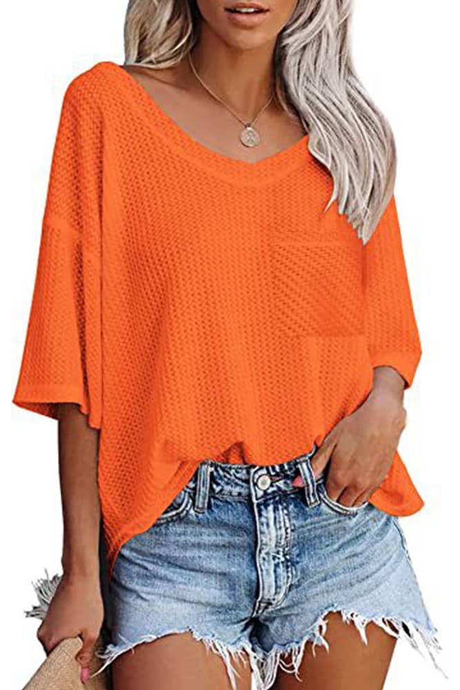 Plain Waffle Knit V Neck Pocket Oversize Top