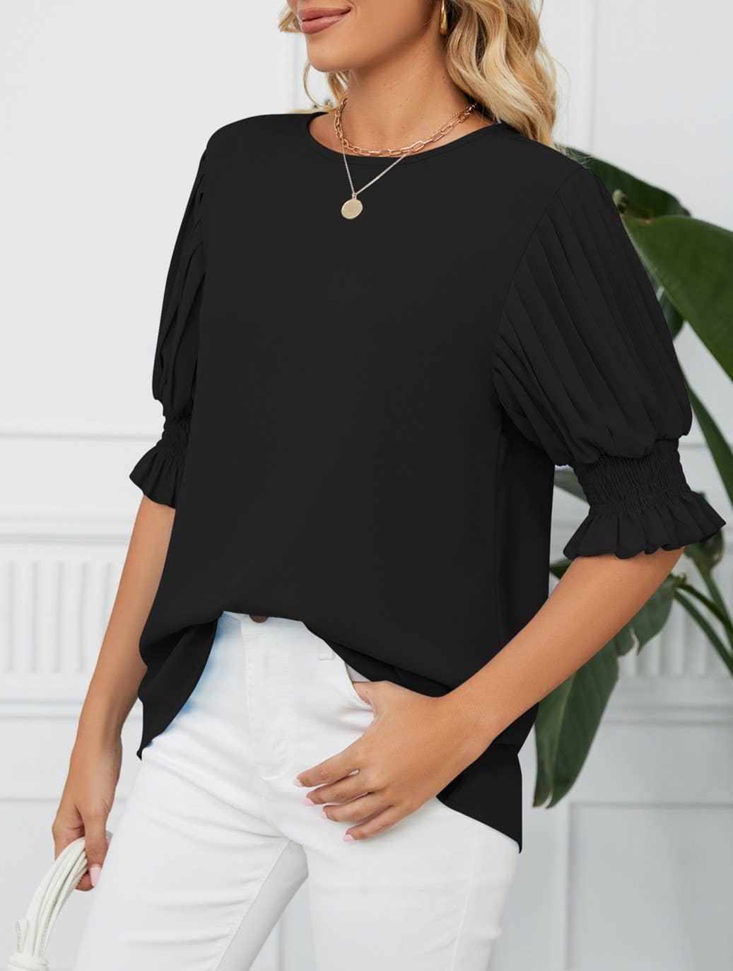 Crewneck Ruffled Sleeves Loose Chiffon T-Shirt Top