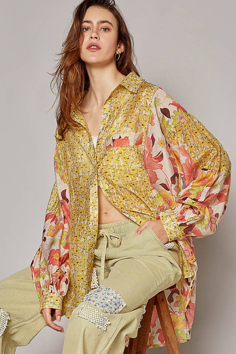 Oversize long sleeve print woven button down shirt