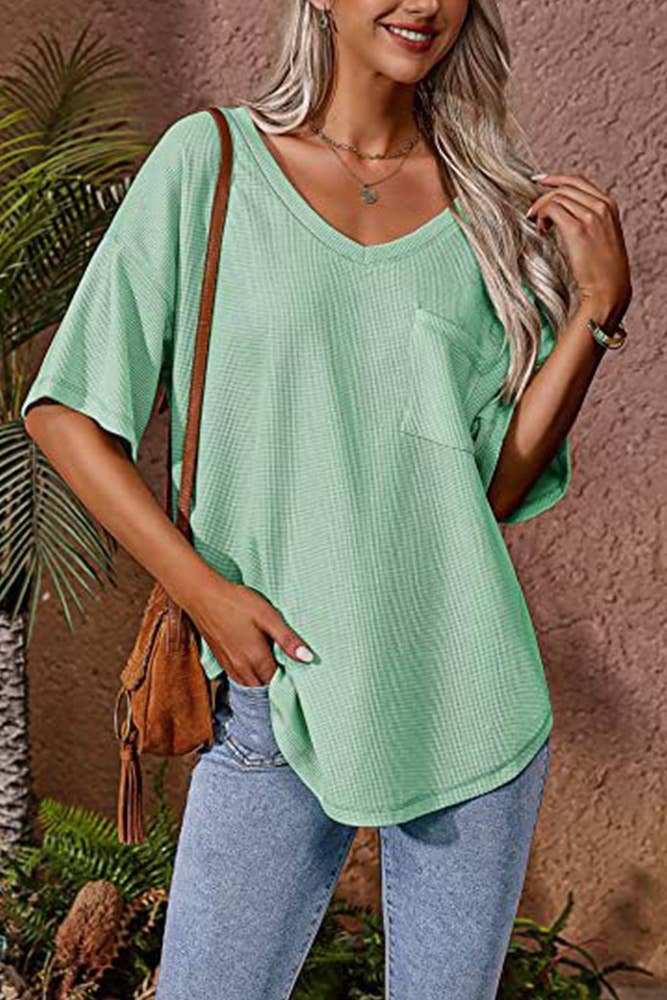 Plain Waffle Knit V Neck Pocket Oversize Top