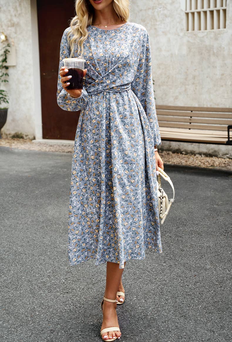 Pleated Long-Sleeved Crewneck Floral Maxi Dress