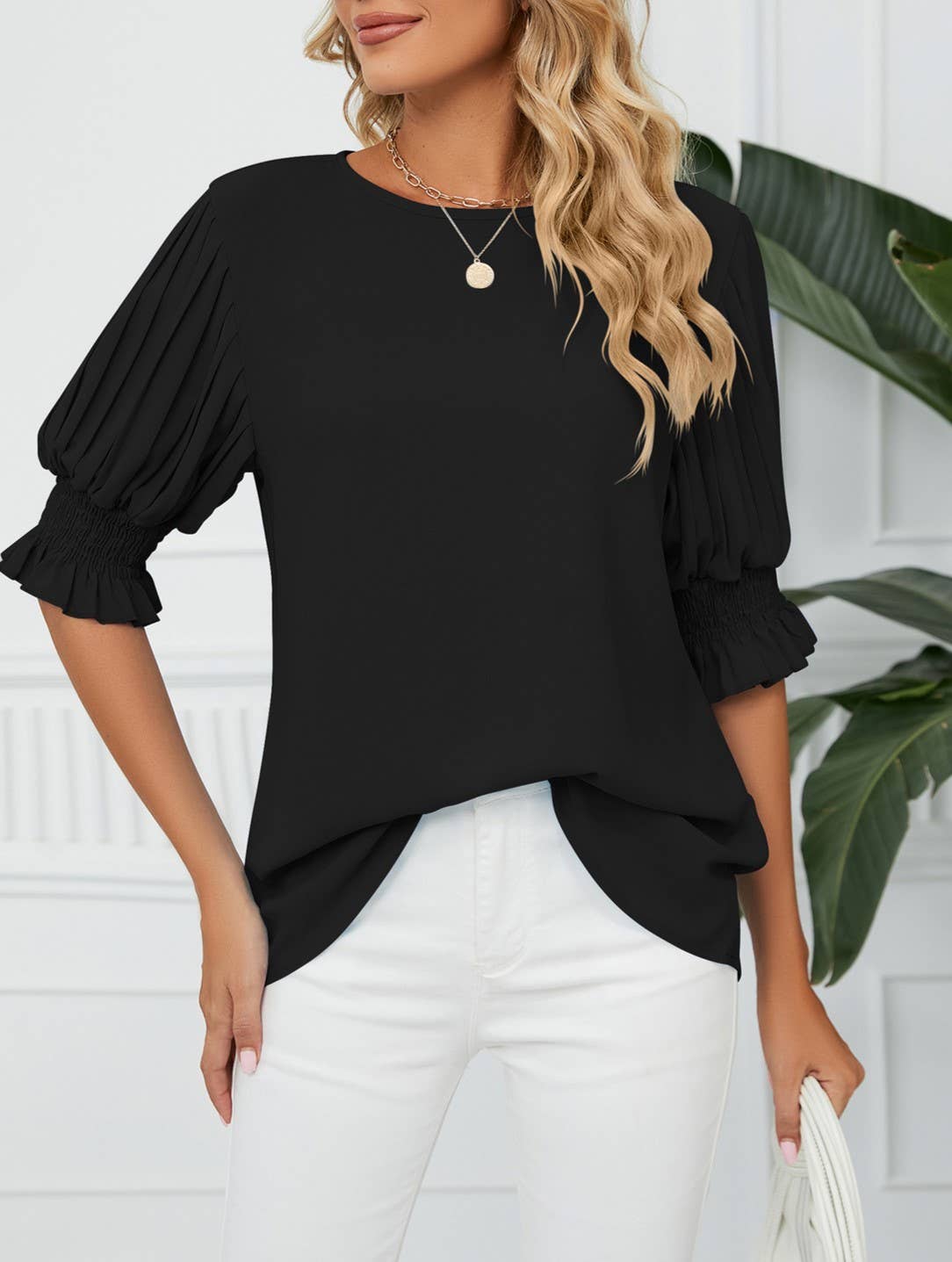 Crewneck Ruffled Sleeves Loose Chiffon T-Shirt Top