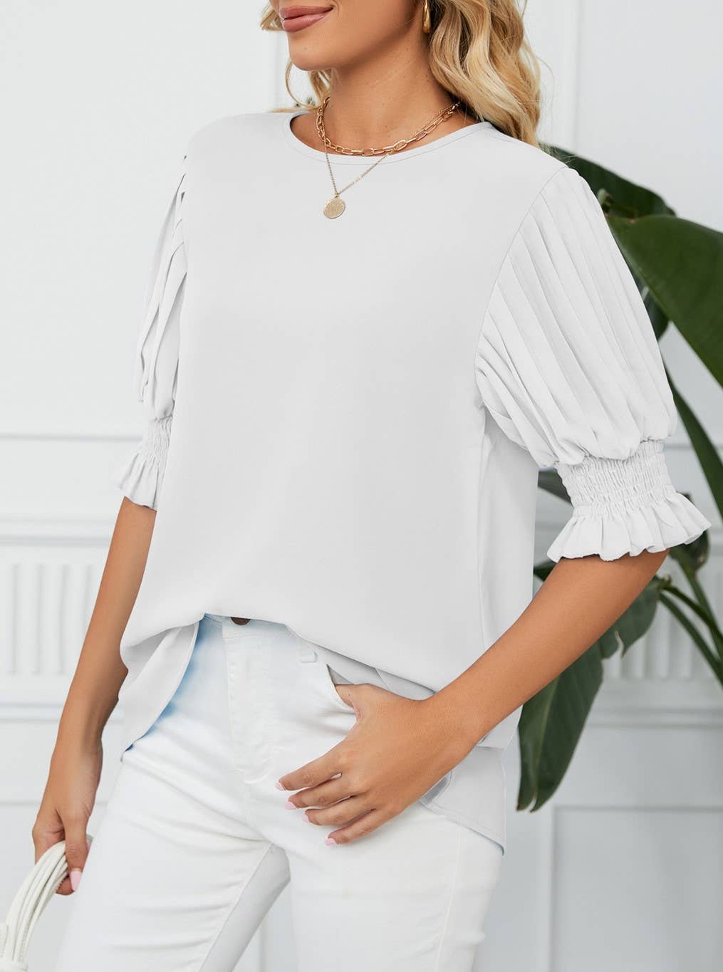 Crewneck Ruffled Sleeves Loose Chiffon T-Shirt Top